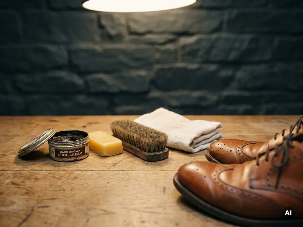 Cognac leren schoenen op eiken werkbank naast open blik schoencrème, bijenwaspoets, haardborstel en poetsdoek.