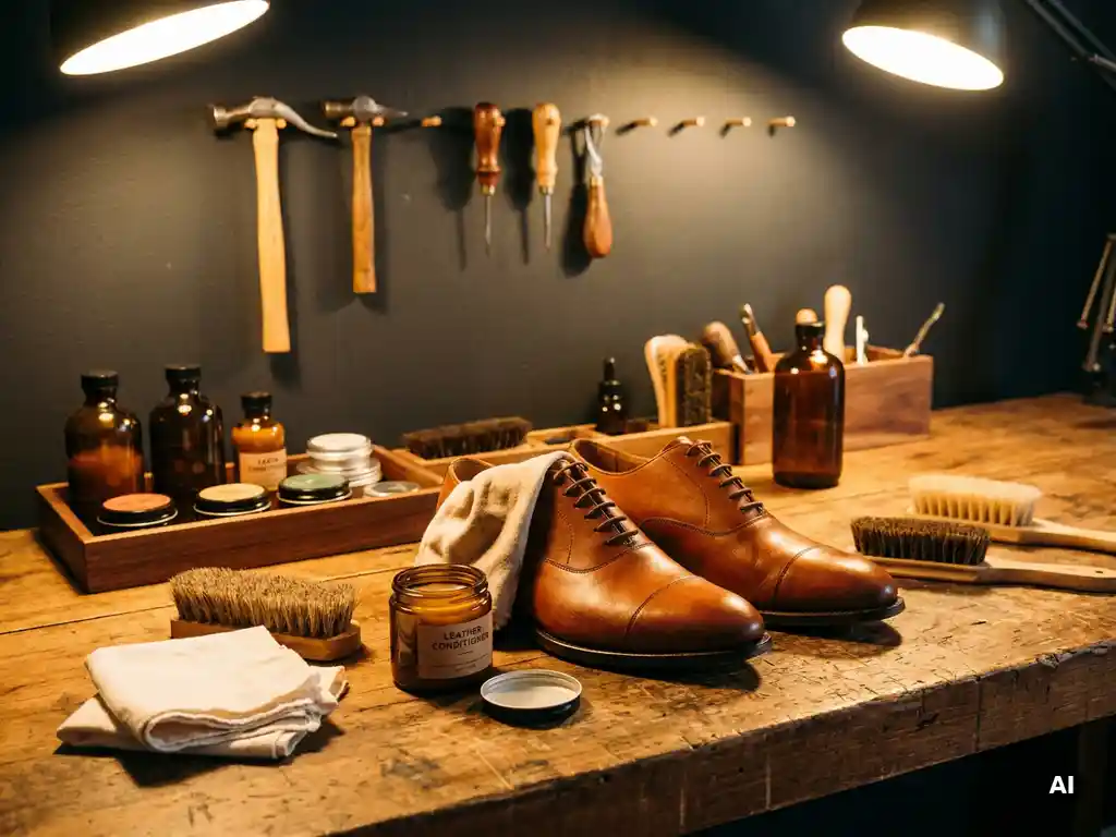 Cognac leren Oxford schoen in reiniging op houten werkbank met schoenverzorgingskwasten, doeken en conditionerflessen.
