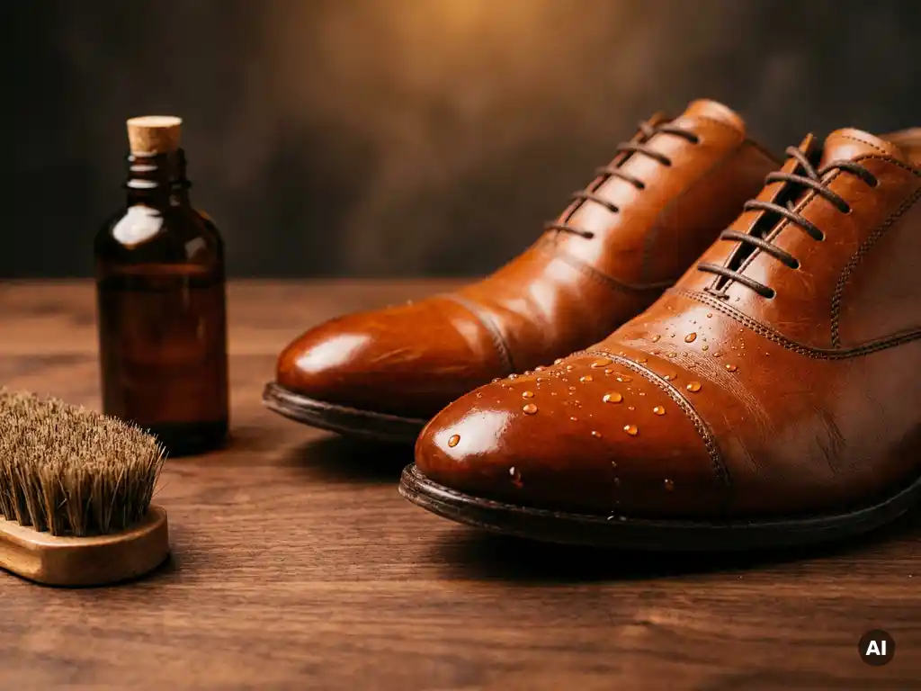 Cognac leren Oxford schoenen op walnoothouten ondergrond met waterafstotende was, borstel en parelende waterdruppels op het behandelde leer.