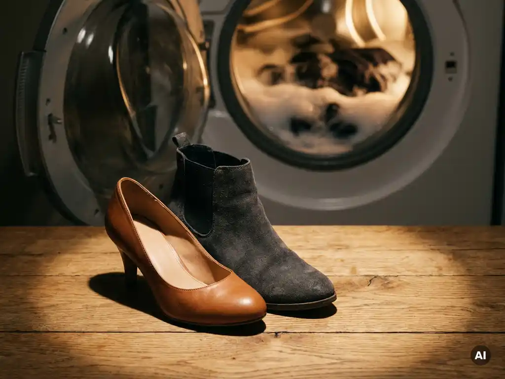 Cognackleurige leren pump en antraciet suède enkellaars op eiken houten vloer naast een draaiende wasmachine.