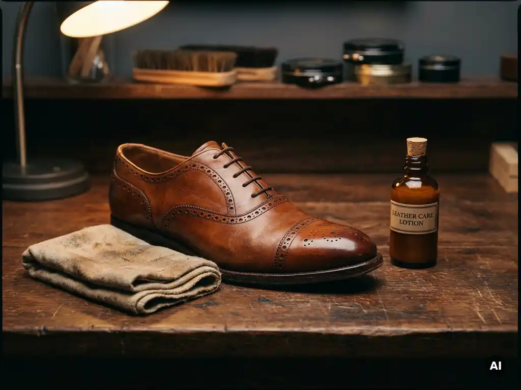 Cognac leren schoen op donker walnoothouten werkbank met verzorgingsdoek en amber glazen flesje leerproduct.