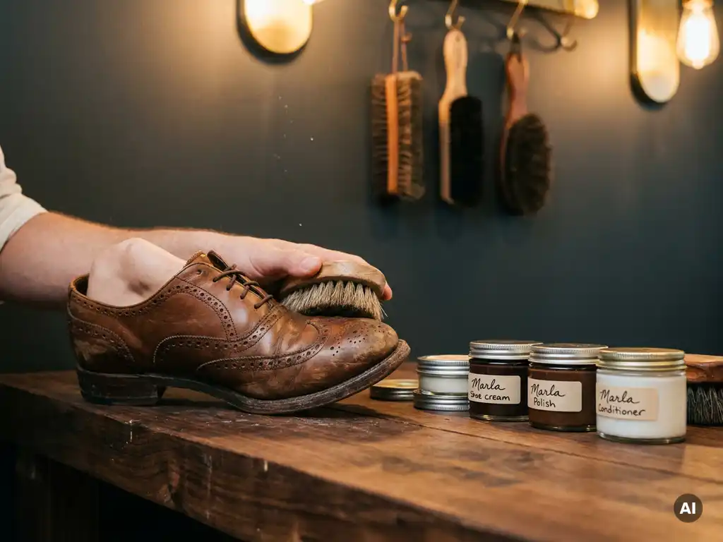 Versleten leren schoen die wordt gepoetst met een naturel borstel op een walnoten werkbank, met Marla schoenonderhoudproducten op de achtergrond.