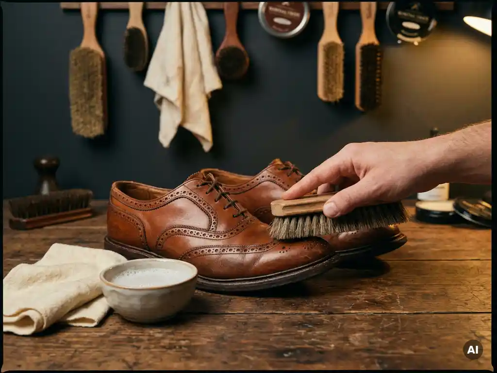 Versleten cognackleurig leren schoen die met zachte borstel wordt gereinigd op houten werkbank, met zeepwater en doek erbij.