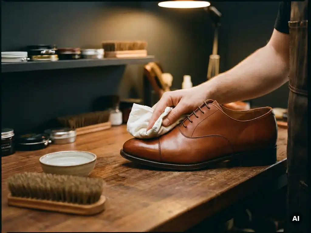 Cognac leren schoen die voorzichtig wordt gereinigd met een vochtig wit doekje op een walnoten werkbank, met een borstel en kom water erbij.