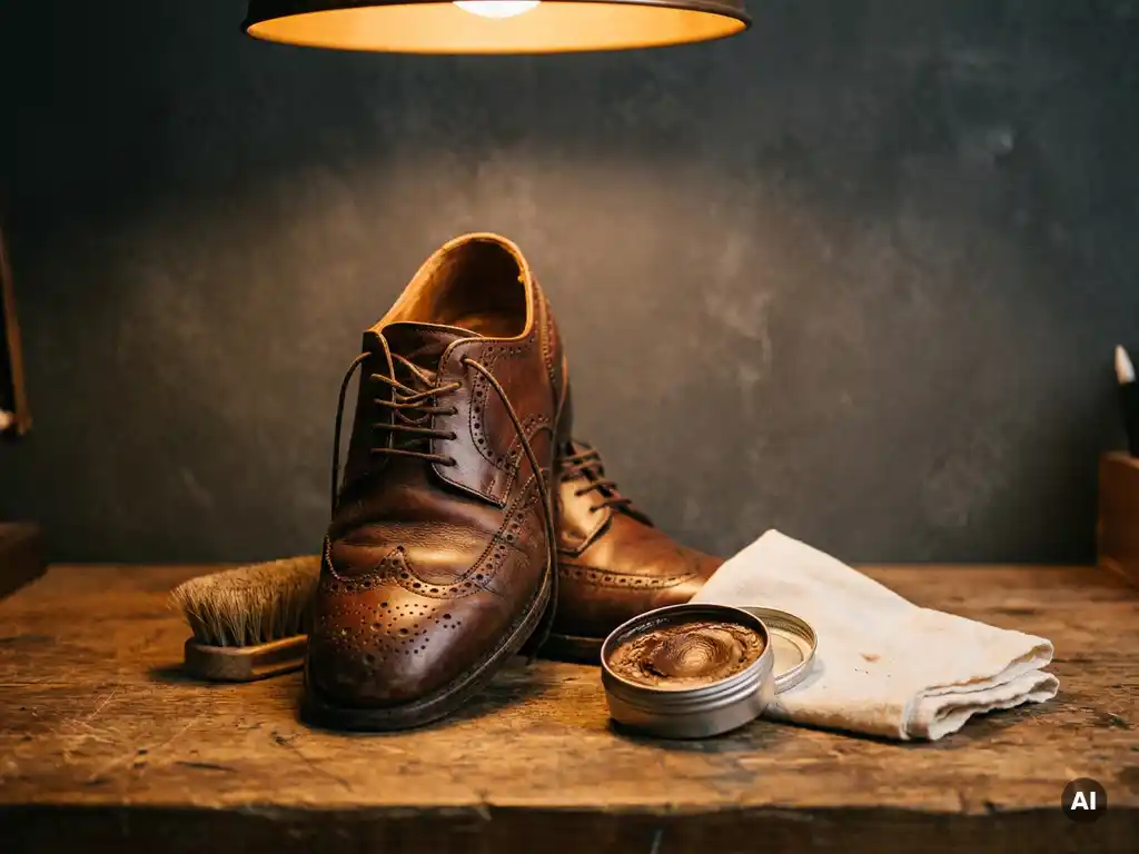 Versleten cognackleurig leren schoen op houten werkbank met natuurlijke borstel en open blik schoencrème ernaast.