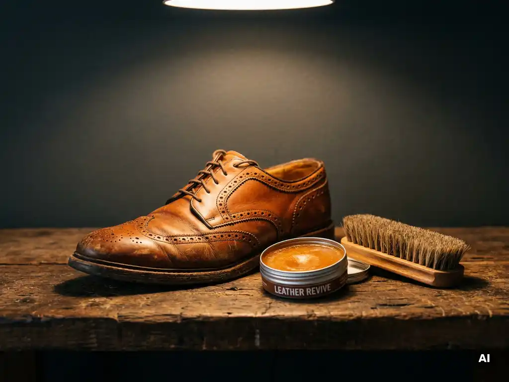 Versleten cognackleurig leren schoen op houten werkbank met open pot leerconditoner en zachte borstel, warme belichting accentueert de natuurlijke nerf.