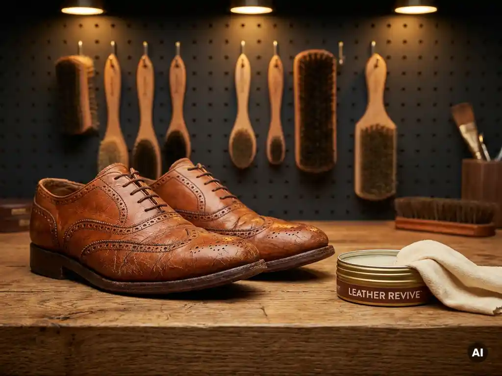 Uitgedroogd gebarsten cognackleurig leren schoenen op eiken werkbank met poetsdoek en open blik leerconditoner.