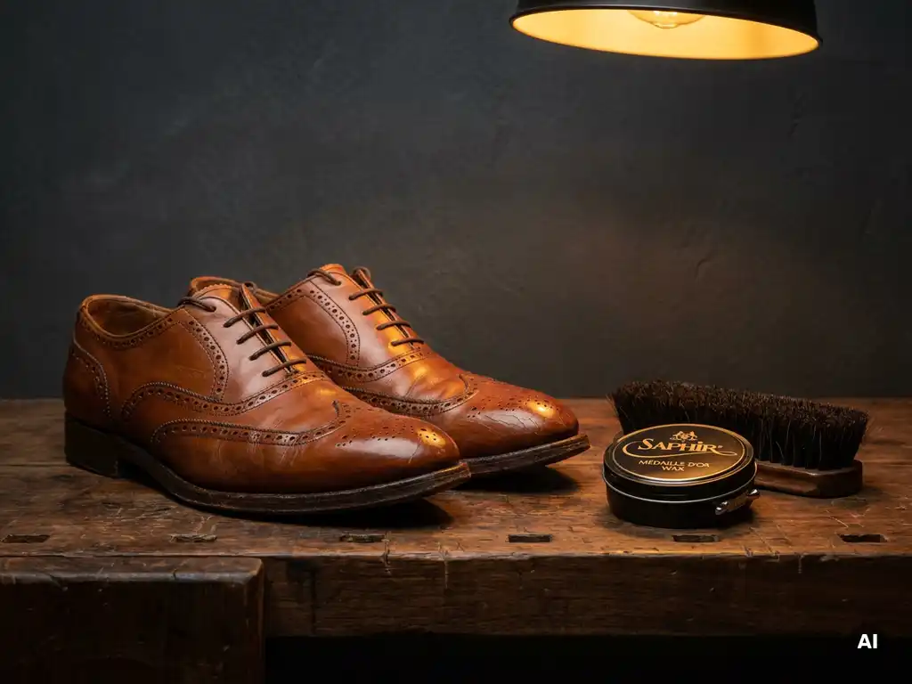 Cognac leren schoenen op houten werkbank met horsehair borstel en poetswas, subtiele scheurtjes op de neus zichtbaar.
