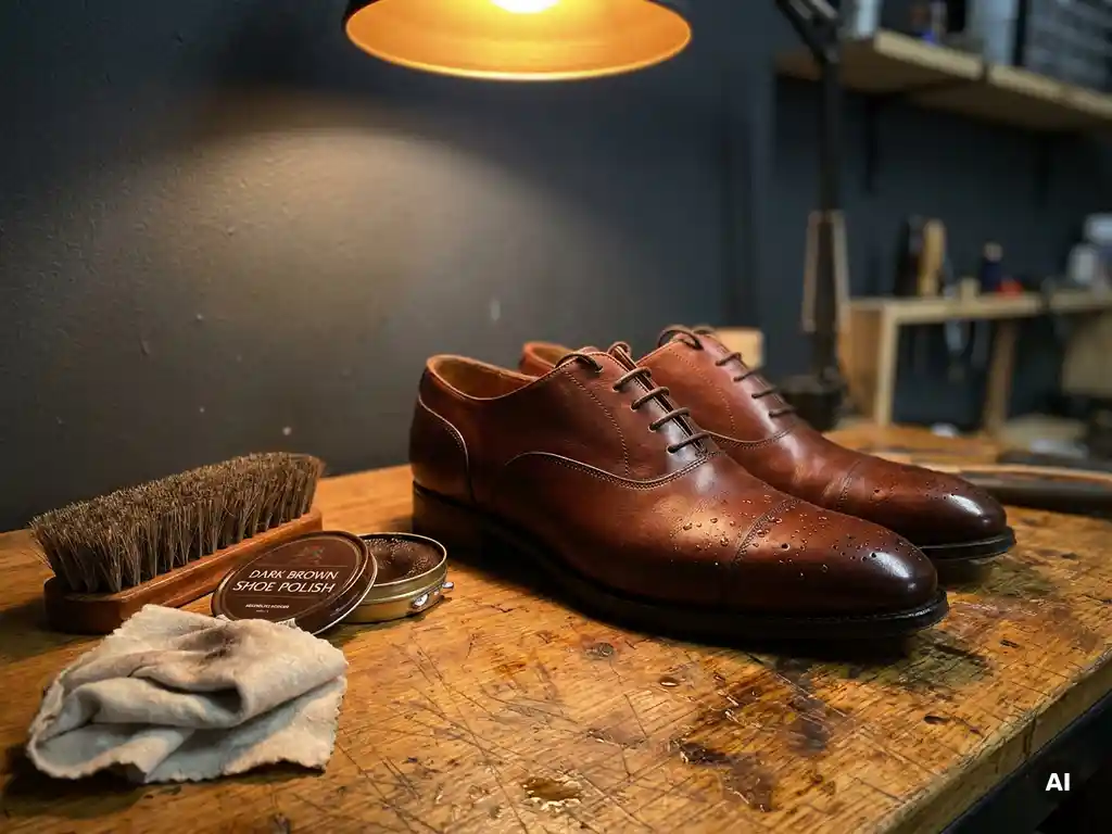 Cognac leren herenschoenen op houten werkbank met horsehair borstel, bruine schoenpoets en poetsdoek, waterdruppels op behandeld leer.