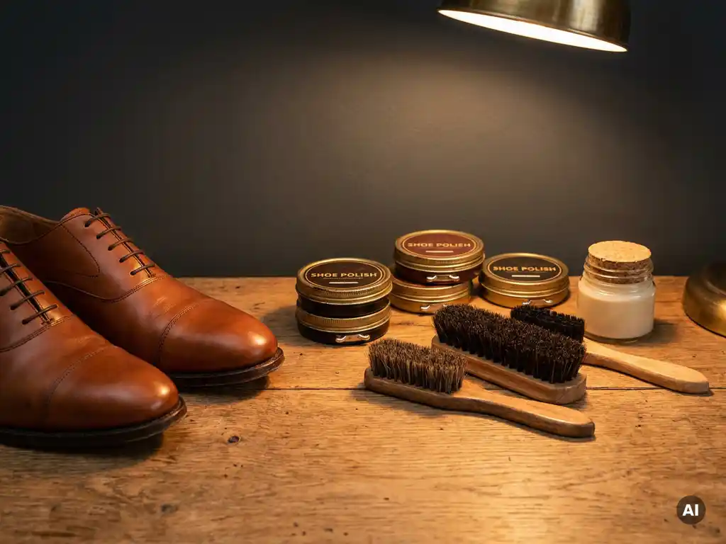 Cognac leren schoenen naast poetsblikken, haarborstels en conditioneringscrème op een eikenhouten werkbank.