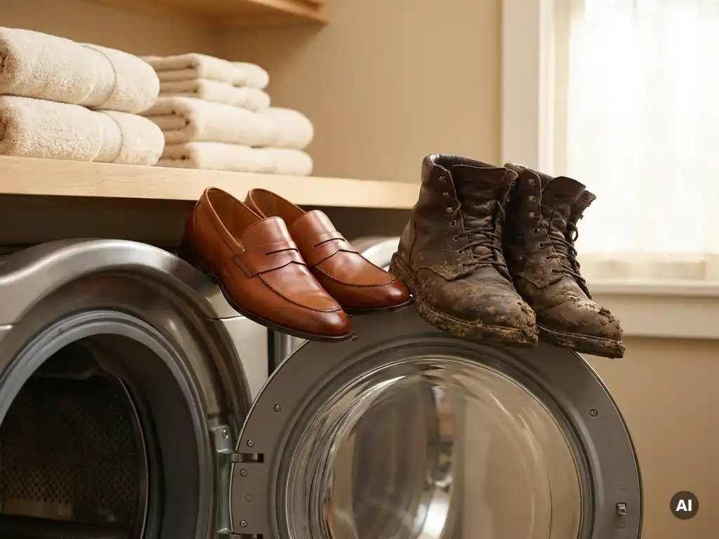 Schone en modderige leren schoenen in cognac en wit op de rand van een open wasmachineтром in een neutrale wasruimte.

Wait, let me redo that without the mixed language error:

Schone en modderige leren schoenen op de rand van een open wasmachinedrum, met houten plank en gevouwen handdoeken op de achtergrond.