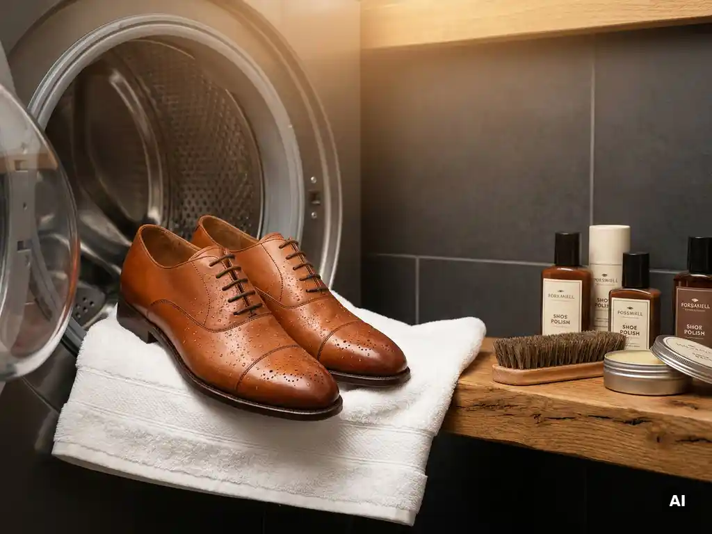 Cognackleurige leren schoenen op gevouwen witte handdoek naast open wasmachine, met waterdruppels en verzorgingsproducten op eiken ondergrond.