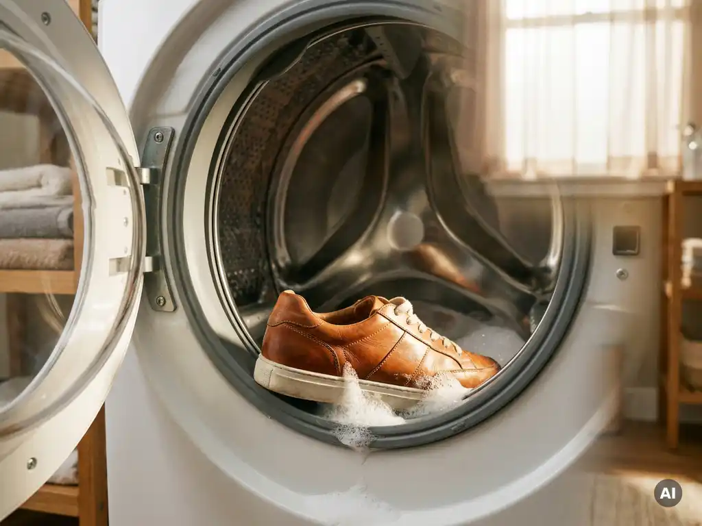 Cognackleurige leren sneaker in een open wasmachineтром met zeepschuim, zachte natuurlijke belichting benadrukt stiksels.

Let me redo this properly without the mixed script:

Cognackleurige leren sneaker in een wasmachinedrum met zeepschuim, zachte natuurlijke belichting benadrukt de stiksels.