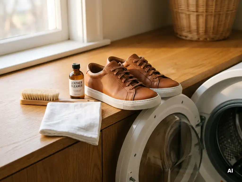 Leren sneakers op de rand van een wasmachinetrommeldeur, naast een schoenverzorgingsset met borstel, doek en reinigingsvloeistof.