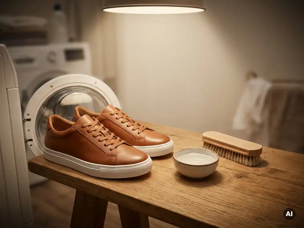 Cognackleurige leren sneakers naast een open wasmachine met een zachte borstel en kom wasmiddel op een eikenhouten ondergrond.