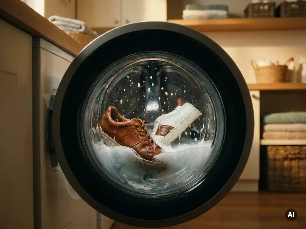 Cognackleurige leren sneakers in een draaiende wasmachine met zeepschuim, gezien door het ronde glazen deur.