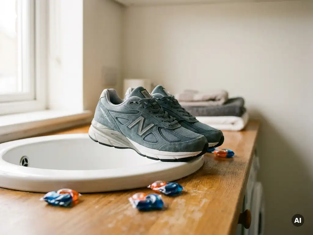 New Balance sneakers op de rand van een witte wasmachinerommel, met wasmiddelcapsules op een eikenhouten oppervlak.