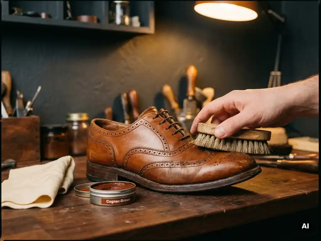Versleten leren schoen die met een natuurlijke borstel wordt geboend op een rustiek houten werkblad, met een blik cognacbruin schoenpoets ernaast.