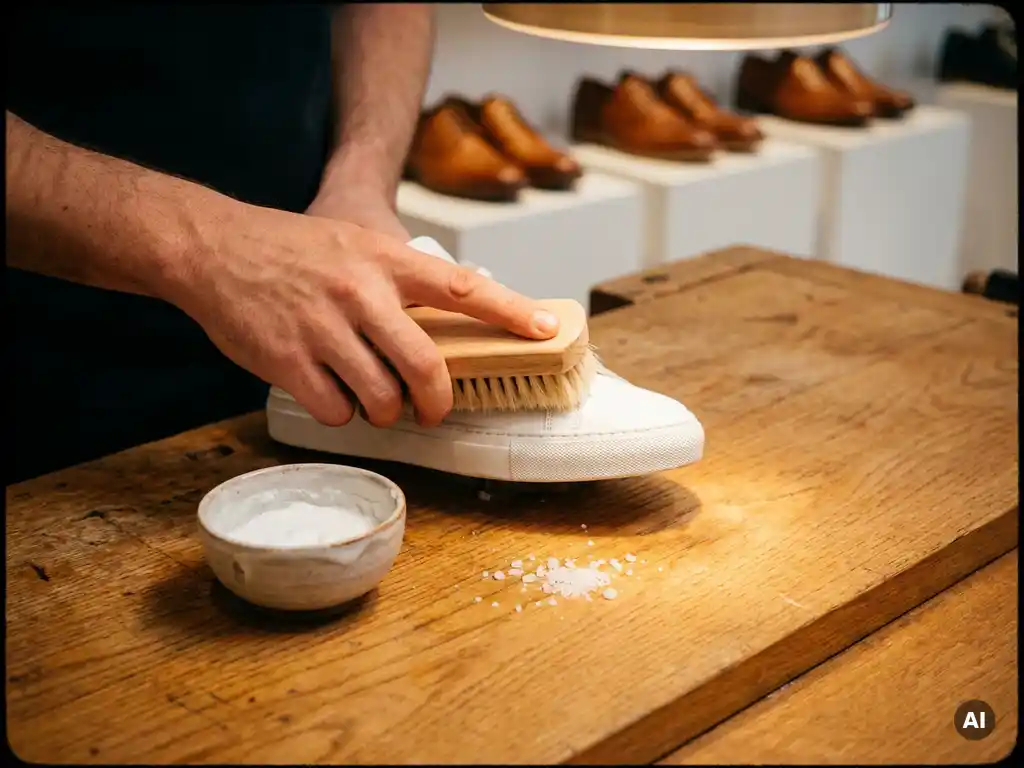 Witte sneaker schoongemaakt met bakpoederpasta en zachte borstel op eiken werkbank, cognackleurige schoenen op achtergrond.