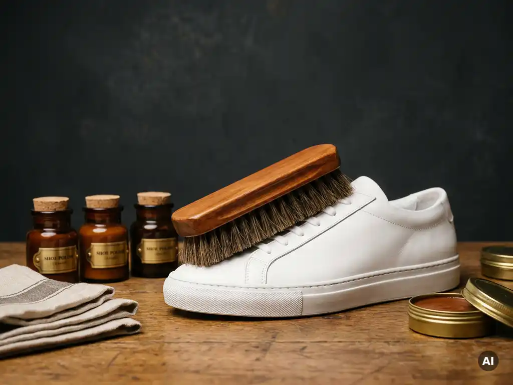Schoenpoetsborstel op wit leren sneaker naast amber glazen poetspotjes en linnen doek op eiken werkbank.