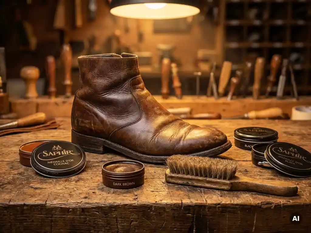 Versleten leren schoen op rustieke houten werkbank naast open blikken schoenpoets in cognac, donkerbruin en zwart met een natuurlijke borstel.