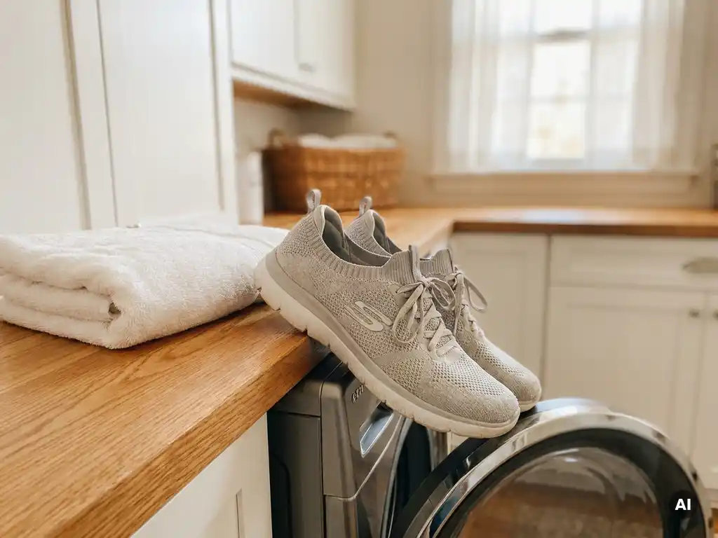 Skechers sneakers op de rand van een open wasmachine, naast een gevouwen witte handdoek op een eikenhouten oppervlak.