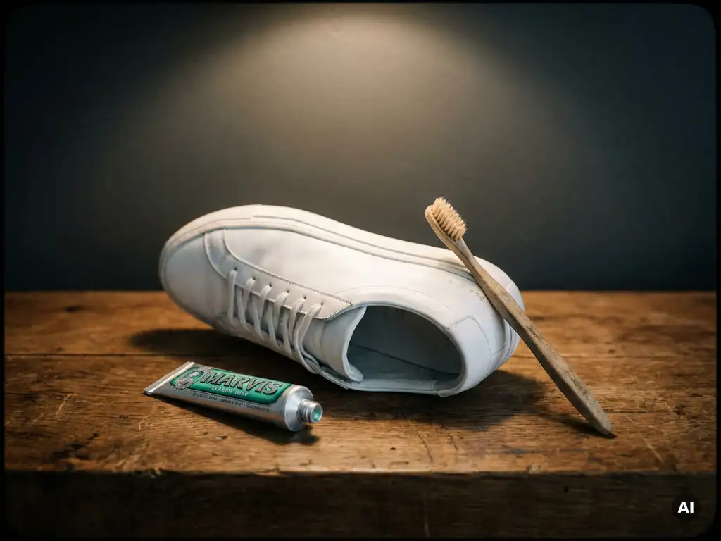 Witte sneaker met zool omhoog op houten werkbank, naast tandpasta en zachte borstel voor schoenreiniging.