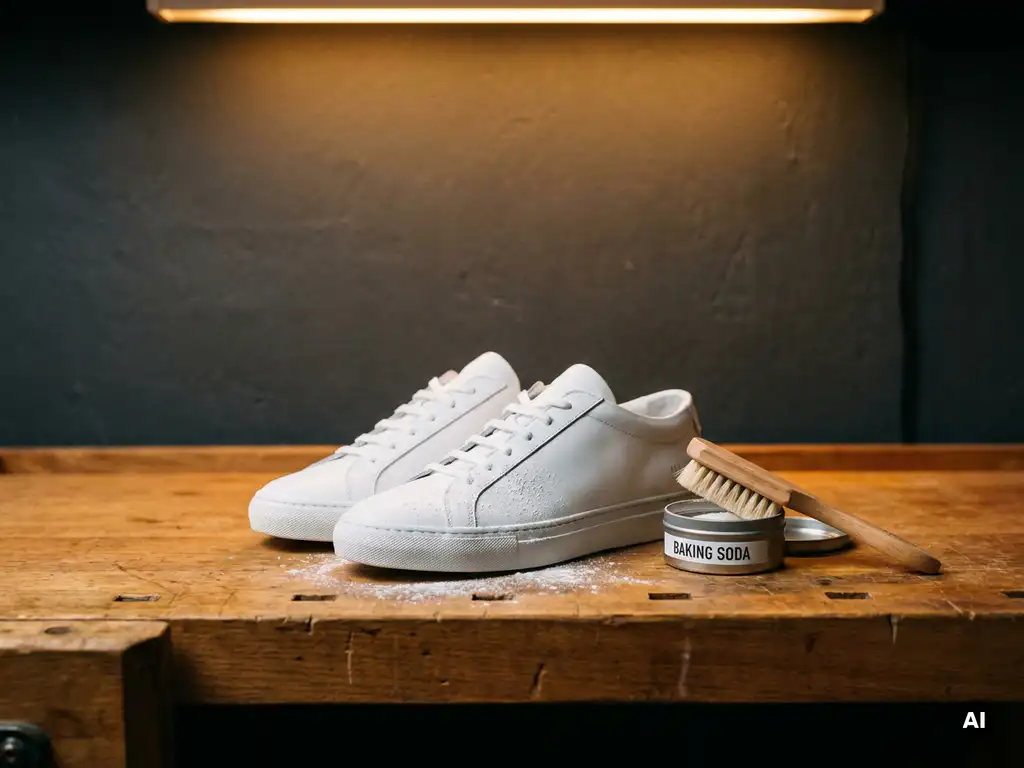 Witte leren schoenen op een eiken werkbank met een open blik bakpoeder en zachte borstel, fijn wit poeder op het leer.