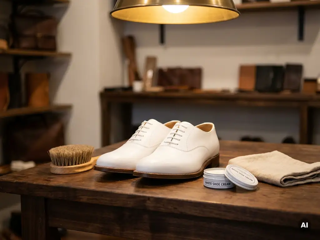 Witte leren schoenen op een walnoten werkbank met schoencrème, linnendoek en natuurlijke borstel in warme belichting.