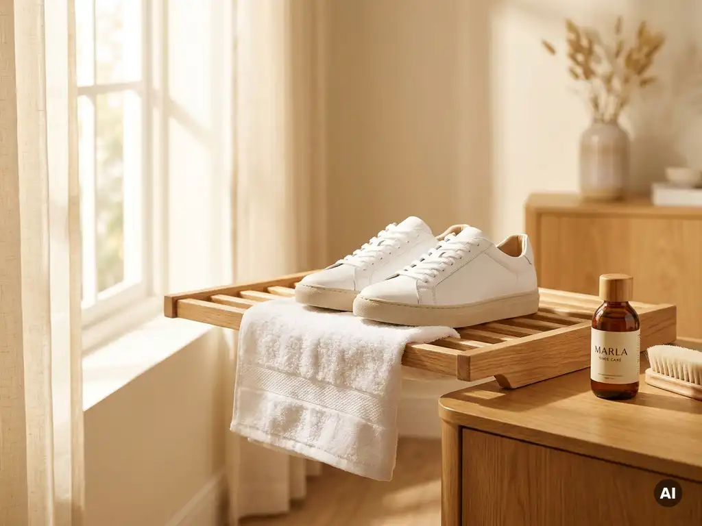 Witte leren sneakers op houten droogrek bij zonslich venster, met Marla schoenverzorgingsproduct op eiken ondergrond.