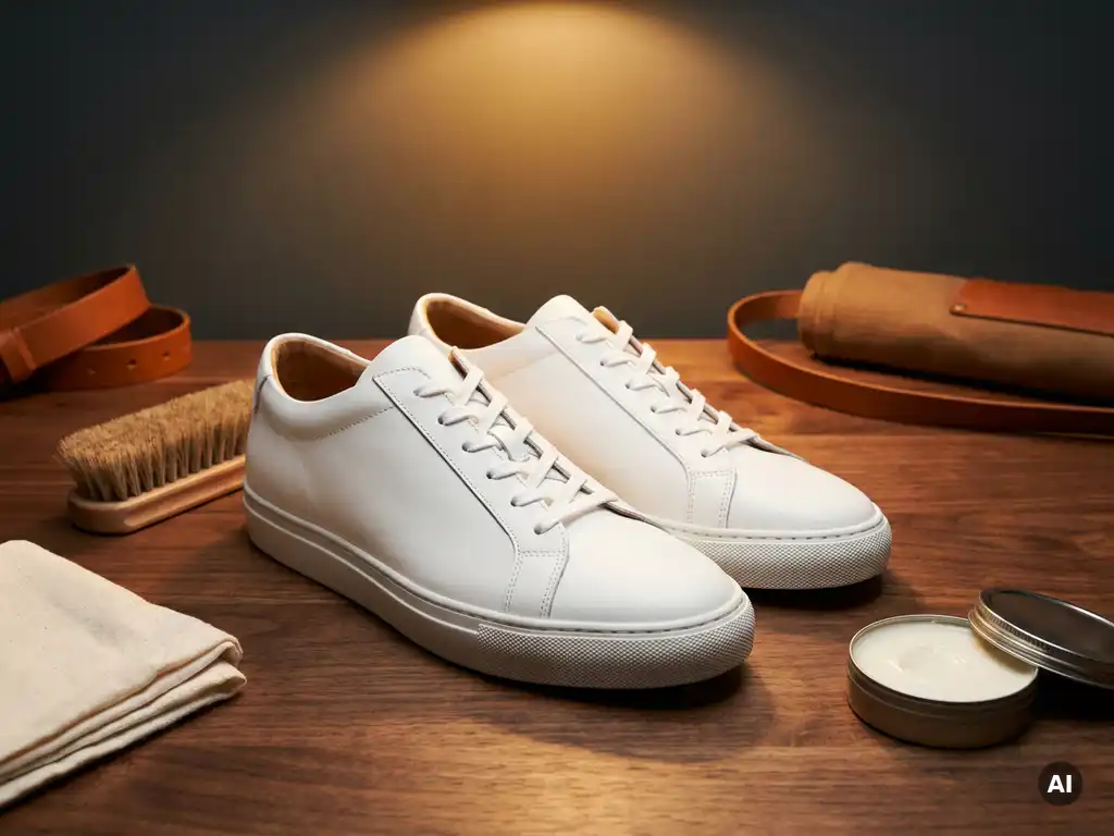Witte leren sneakers op een walnoten werkbank met schoencrème, borstel en doek voor schoenverzorging.