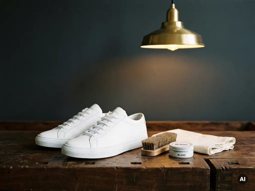 Witte leren sneakers op walnoothouten werkbank met schoenpoets, borstel en doek in ambachtelijke verzorgingsopstelling.