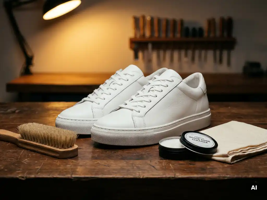Witte leren sneakers op een walnoten werkbank met schoenpoets, borstel en crème doek in warm amberlight.