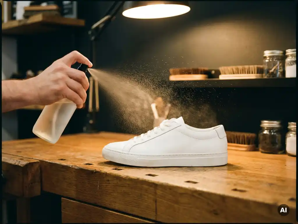 Witte leren sneaker die wordt behandeld met beschermingsspray op een eikenhouten werkbank, fijne druppels zichtbaar in het licht.
