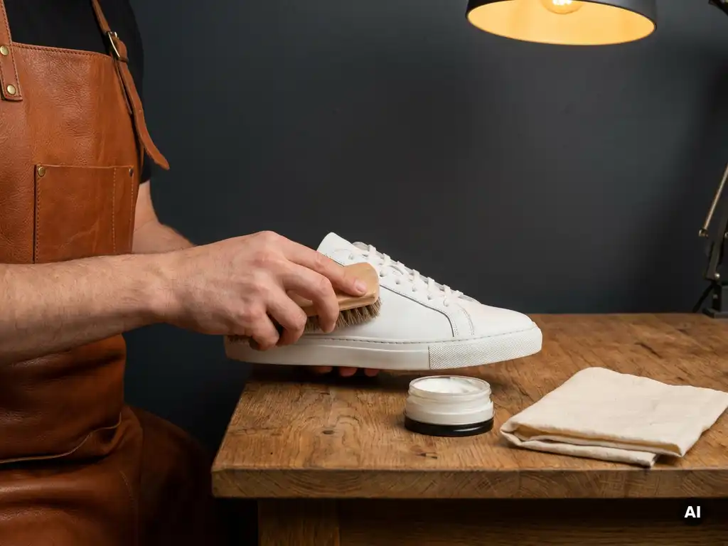 Witte leren sneaker die met een zachte borstel wordt gereinigd op een eiken werkbank, met schoencrème en doek op de achtergrond.