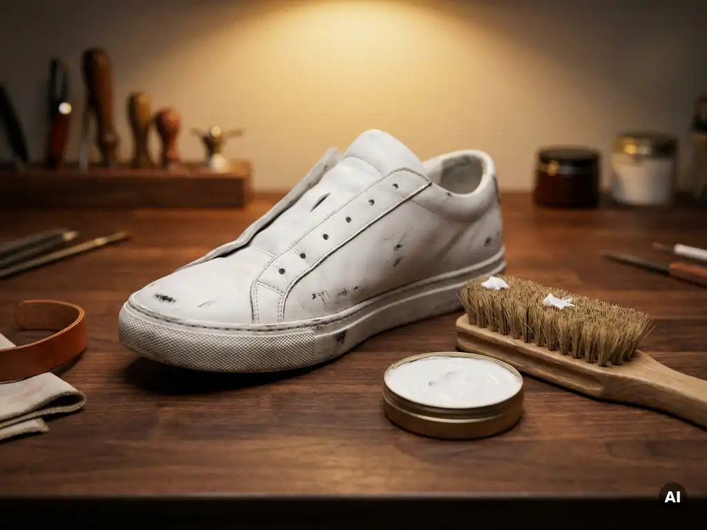 Witte leren sneaker op walnoten werkbank, half gereinigd met zichtbare schrammen, naast borstel en open pot schoenencrème.