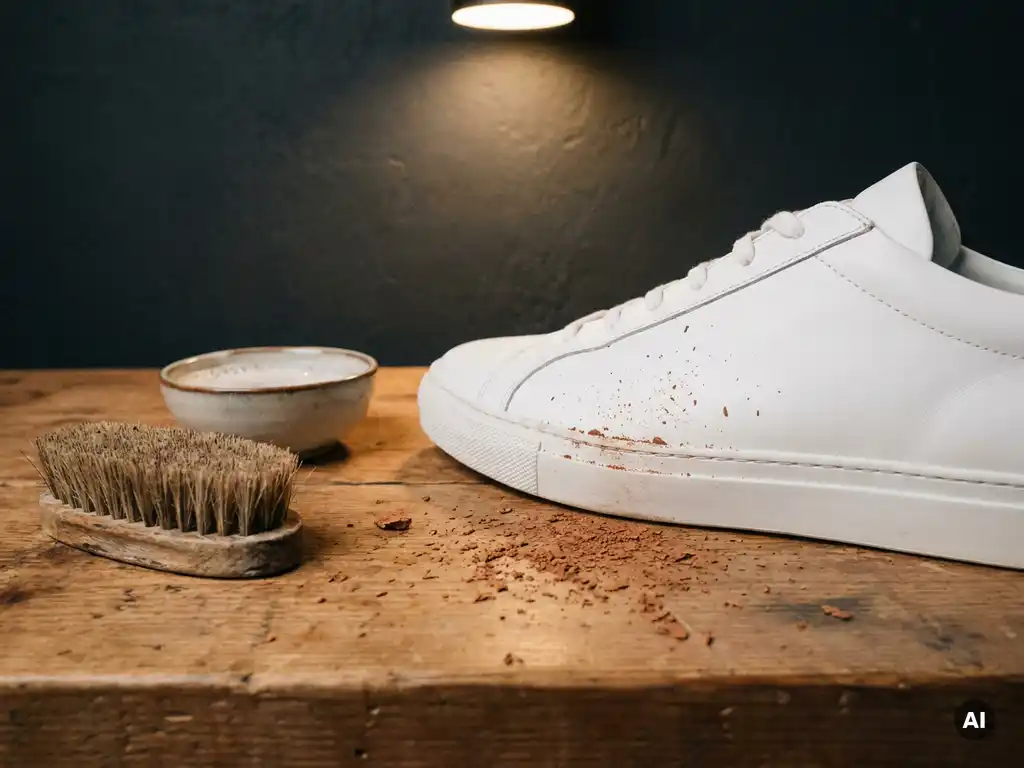 Witte leren sneaker op houten werkbank naast een borstel en zeepwater, opgedroogde modder die van het leer loslaat.
