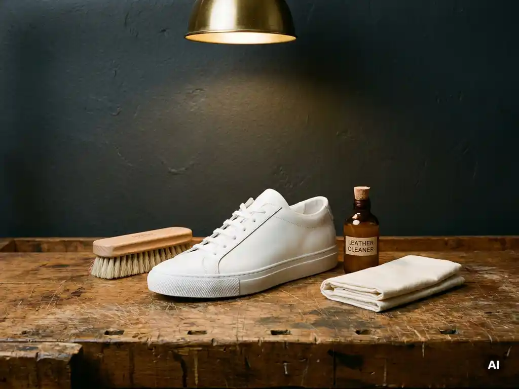 Witte leren sneaker op houten werkbank met reinigingsborstel, amberkleurig flesje en gevouwen doek.