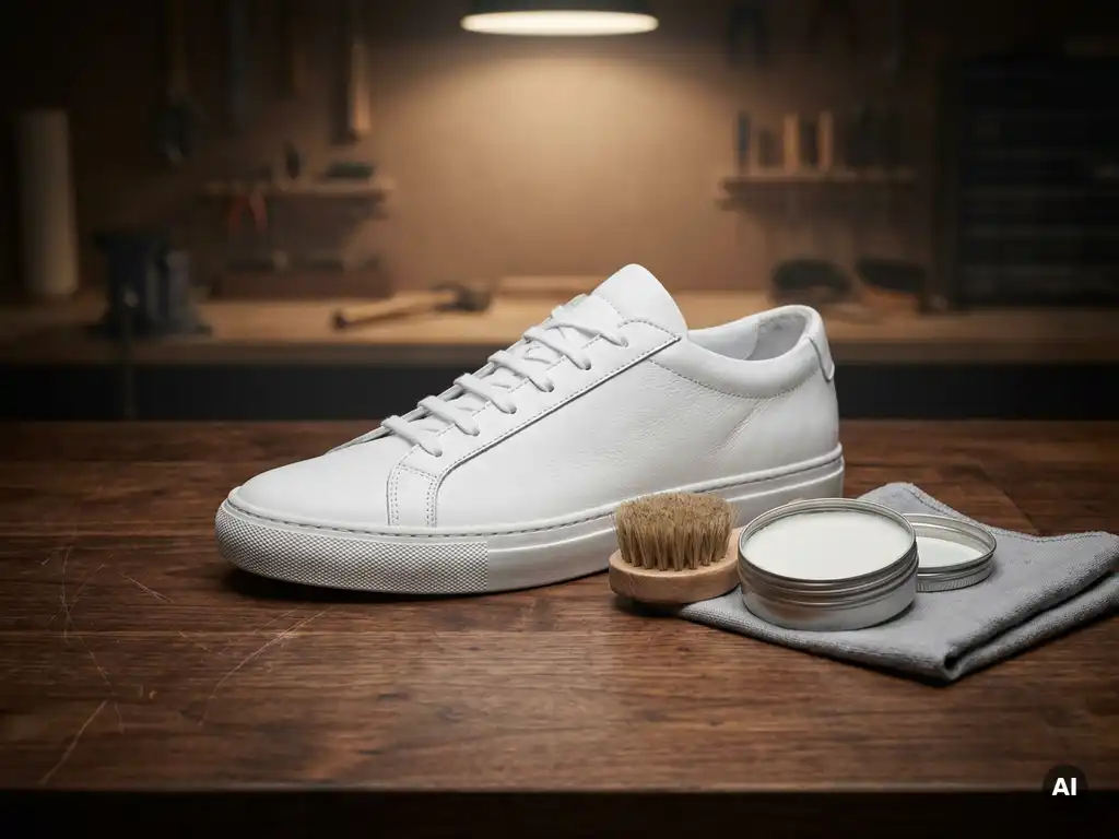 Witte sneaker op donker walnoten werkbank naast zachte borstel, doek en open blik schoencrème, professionele schoenverzorging.