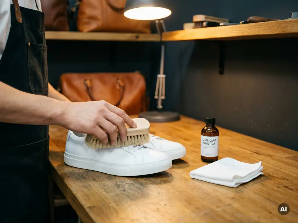 Witte sneakers worden gereinigd met een zachte borstel op een eikenhouten werkbank, met schoenpoetsoplossing en witte doek erbij.