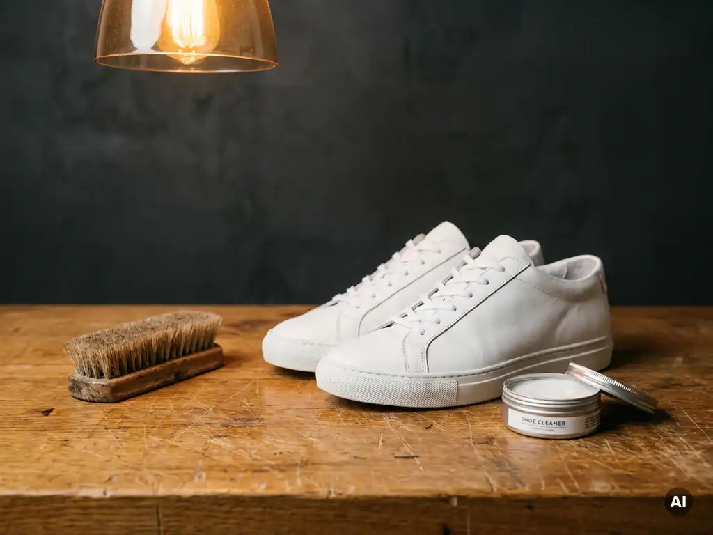 Witte leren sneakers op een houten werkbank met een zachte borstel en blik witte schoencrème, verlicht door warm amber licht.