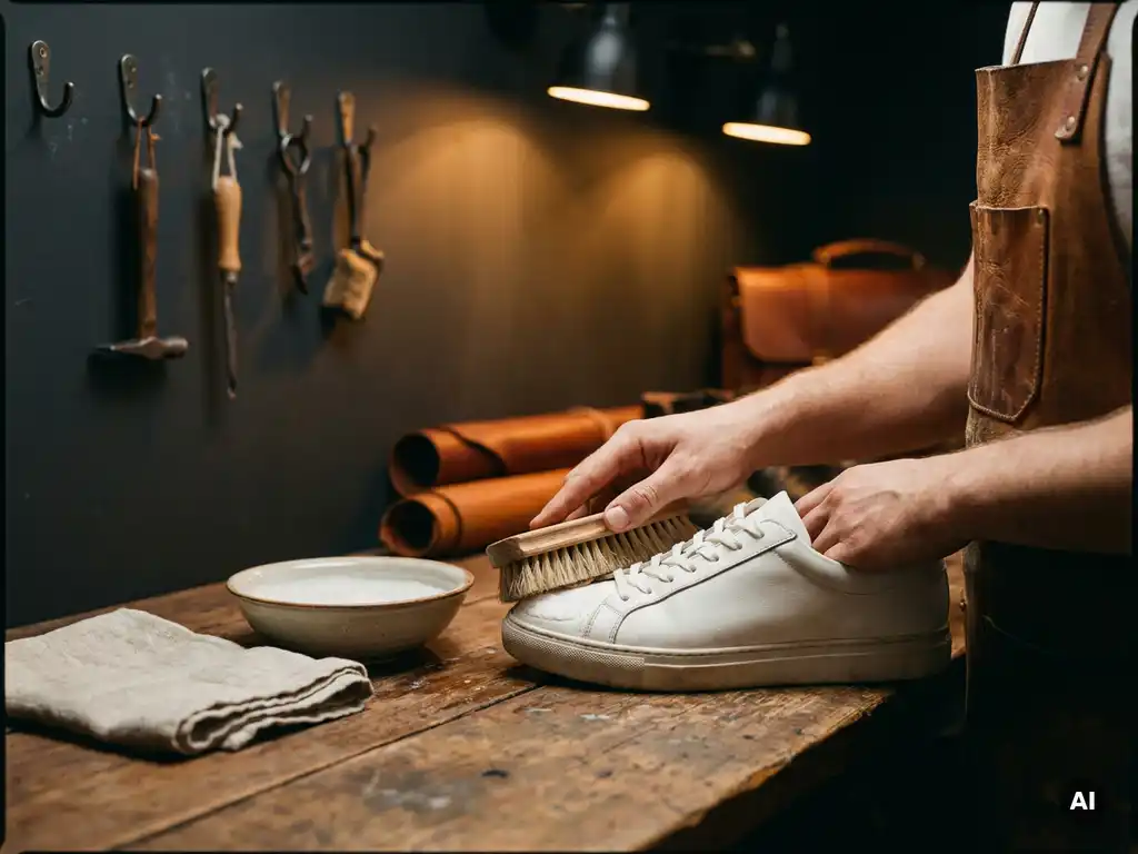Witte sneakers worden met een zachte borstel gereinigd op een houten werkbank, met zeepwater en doek erbij.