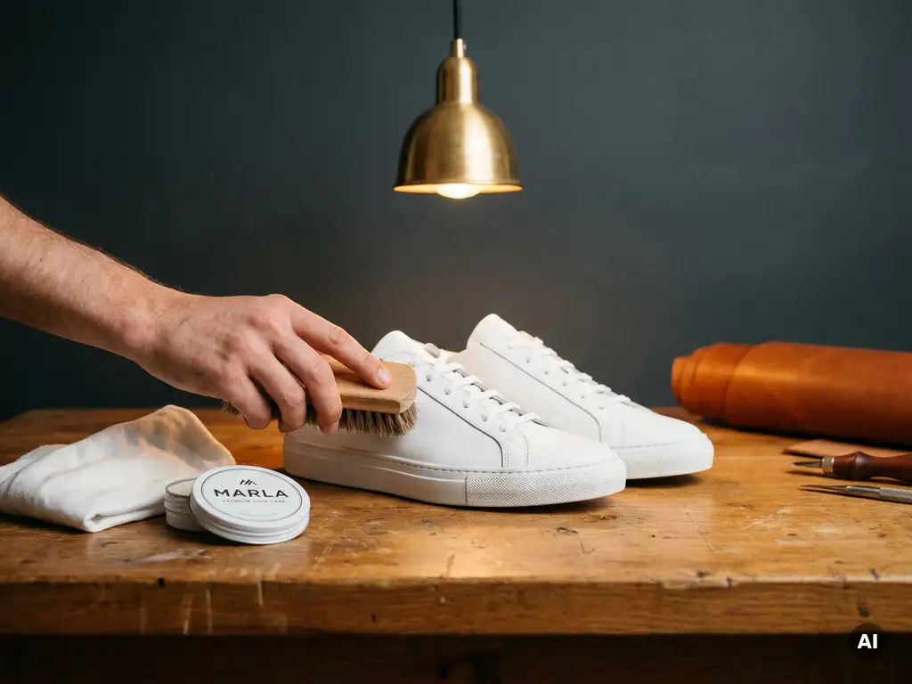 Witte sneakers op eiken werkbank worden gereinigd met natuurlijke borstel, omringd door schoenonderhoudsmiddelen en zachte doek.