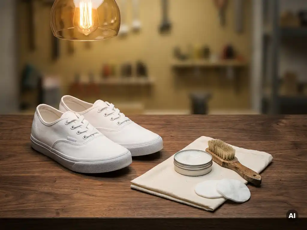 Witte stoffen sneakers op een walnoten werkbank met zachte borstel, schoencrème en katoenen doekjes in warm amberlight.