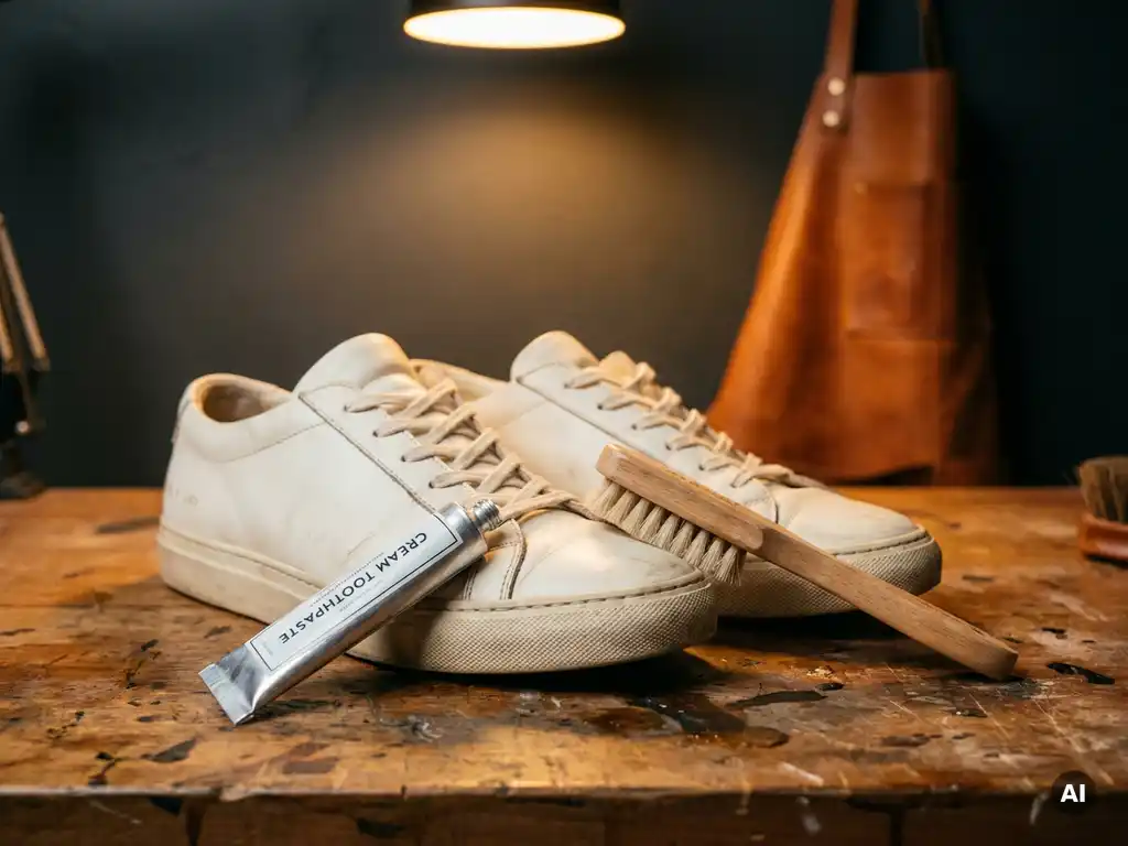 Witte sneakers op houten werkbank naast open tandpasta en zachte borstel, professionele schoenverzorging in warm amberlight.