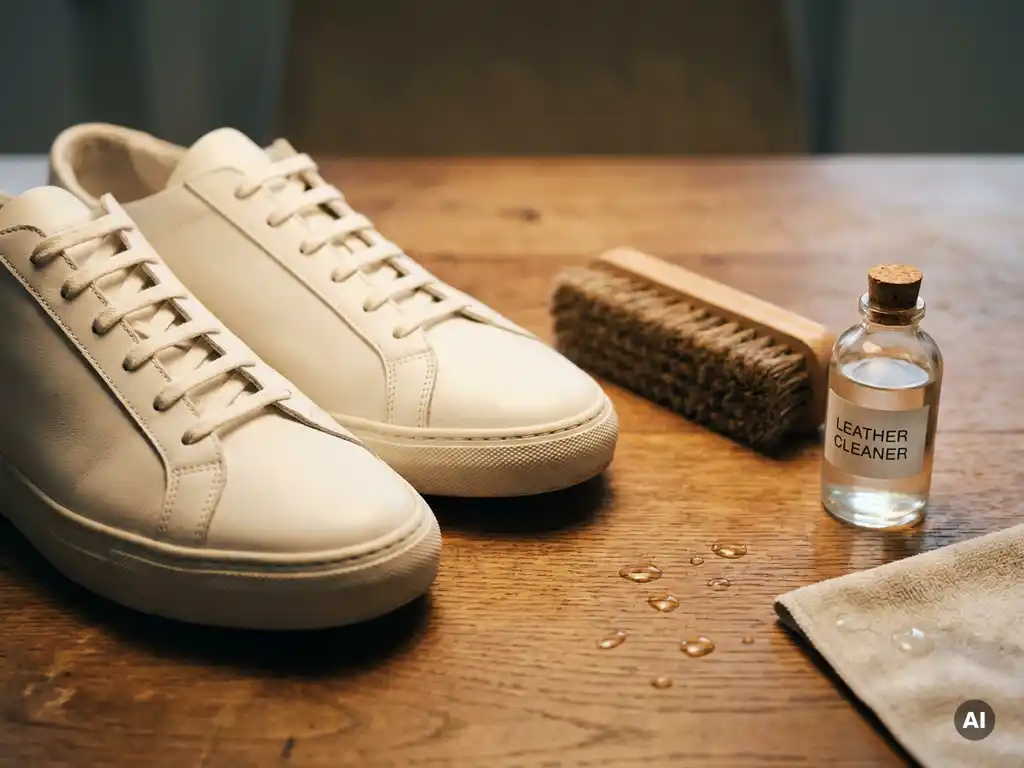 Witte leren sneakers naast een schoenenreinigingsborstel en reinigingsoplossing op een eikenhouten ondergrond.