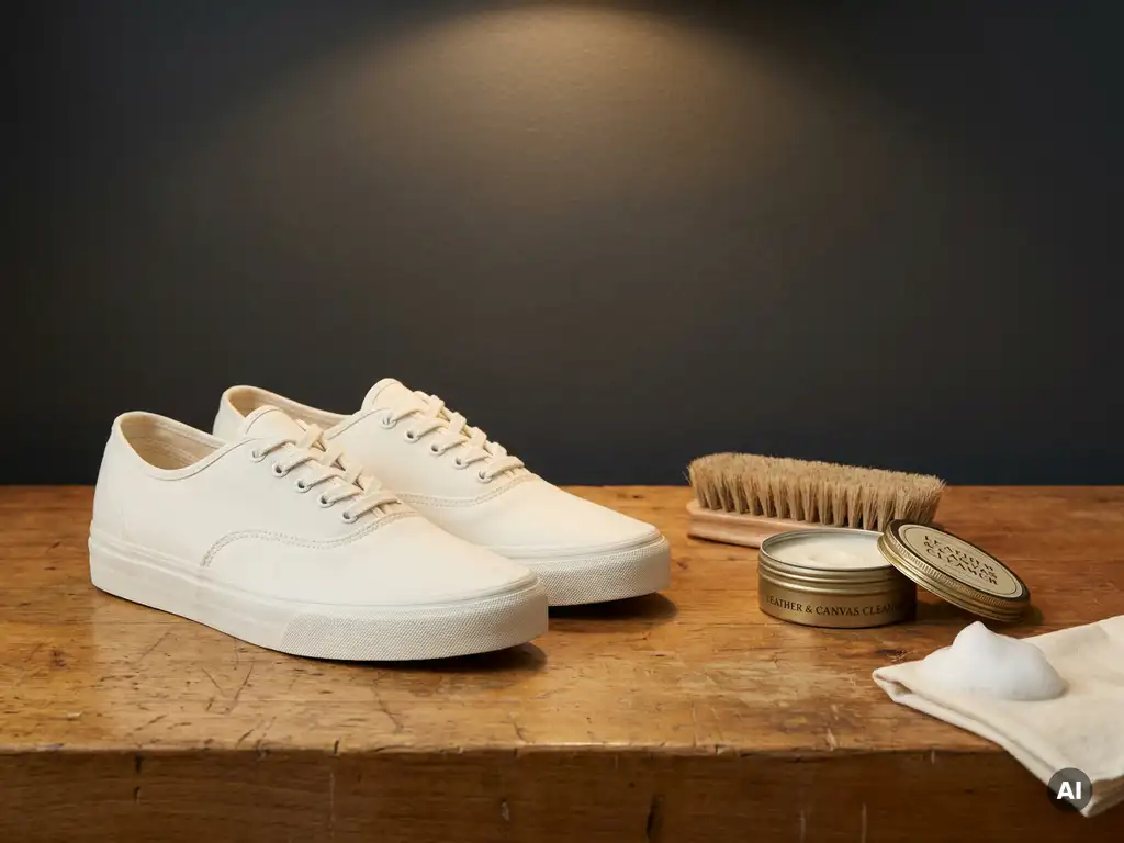 Witte canvas sneakers op een eiken werkbank met natuurlijke borstel, poetsdoek en open blik witte schoencrème.