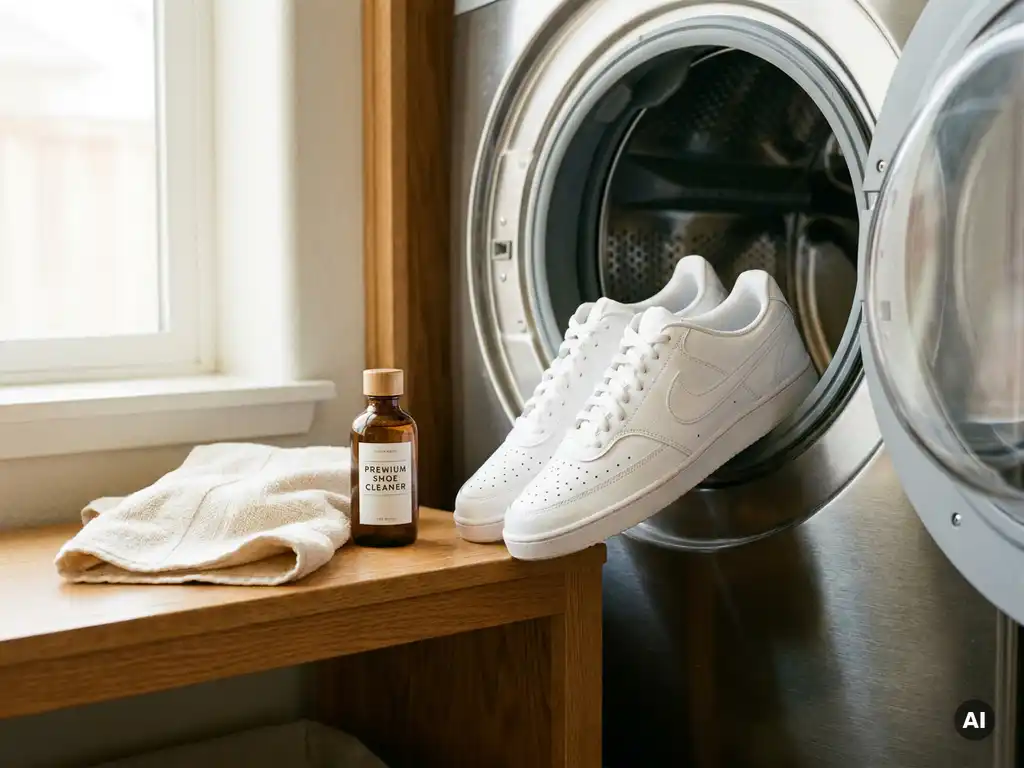 Witte Nike sneakers op rand van wasmachineтром, gevouwen handdoek en schoenreiniger op eiken oppervlak.

Wait, let me redo this properly in Dutch without mixing languages.

Witte Nike sneakers op rand van wasmachinedrum, met gevouwen handdoek en schoenreiniger op eiken ondergrond.