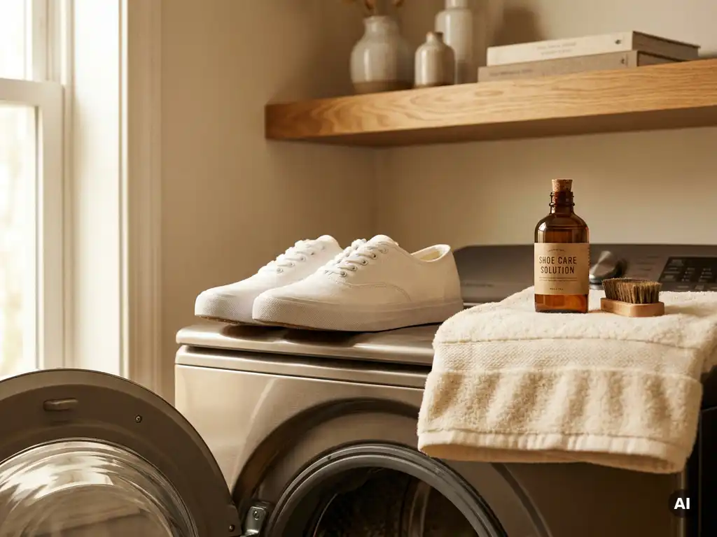 Witte sneakers op rand van voorlader wasmachine, met gevouwen handdoek en schoenverzorgingsproduct op houten plank.