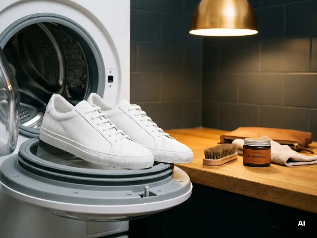 Witte sneakers op rand van open wasmachtrommel, houten borstel en leren schoenverzorgingsset op eiken ondergrond.
